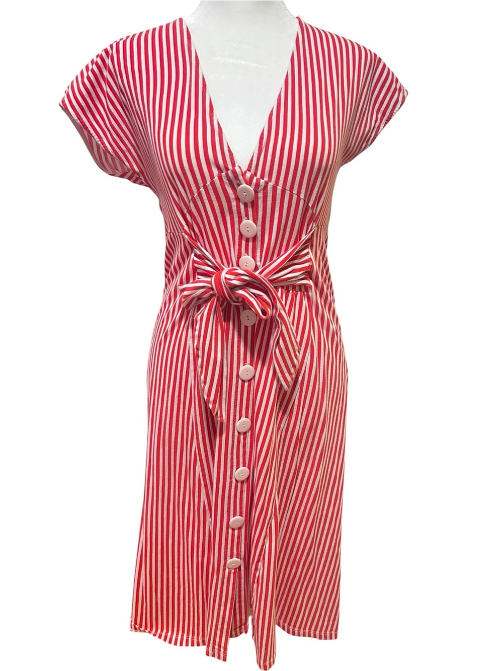 ZARA retro Red & White Striped Button Front Midi Dress | Tie Waist Summer Dress
